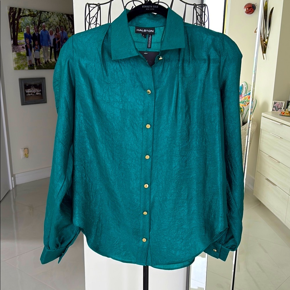 NWT Halston Teal Button-Up Blouse